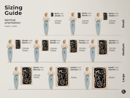 Sizing guide showcasing the vertical orientation of this abstract face artwork. See how canvas and poster prints fit in various dimensions. Perfect for planning your eclectic entryway decor or finding a unique housewarming gift.