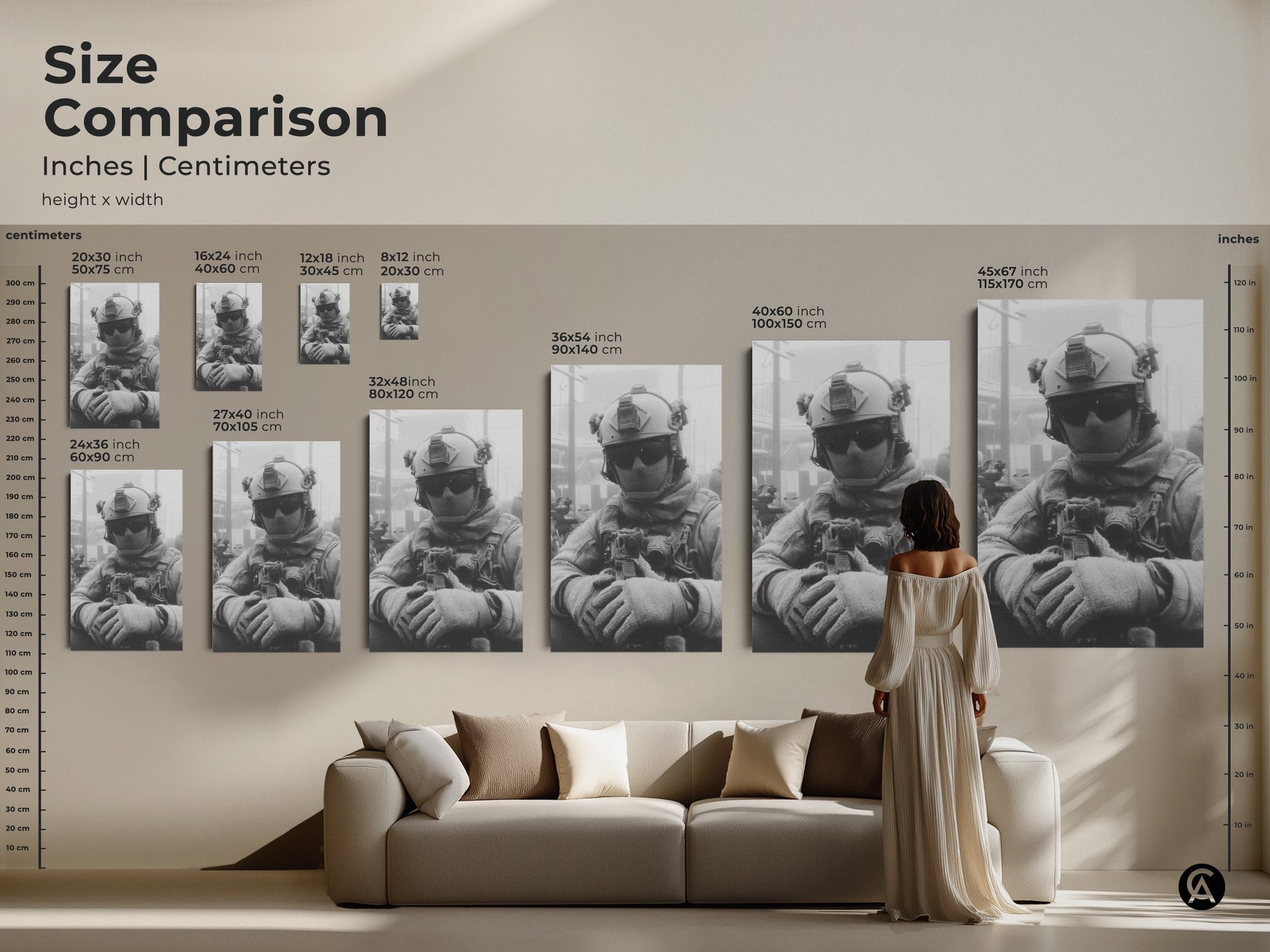 Size comparison of soldier artwork in inches and centimeters. See how canvas and poster prints fit above a sofa. Ranging from 20x30 cm to 45x67 inches this art suits various room sizes.