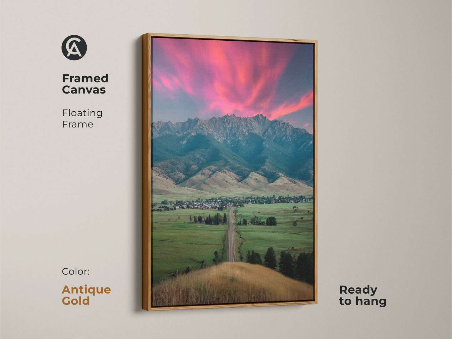 Antique gold framed canvas displaying a pink sunset mountain landscape. The ready-to-hang floating frame art is suited for any space. Complements modern farmhouse decor. A housewarming gift for outdoor lovers. Scenic bedroom wall art adds charm to residential decor.