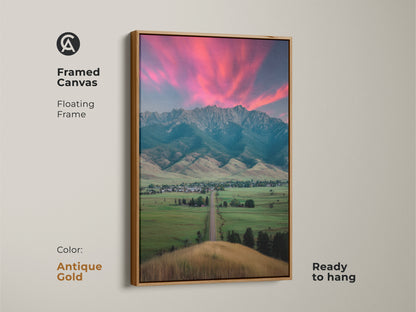 Antique gold framed canvas displaying a pink sunset mountain landscape. The ready-to-hang floating frame art is suited for any space. Complements modern farmhouse decor. A housewarming gift for outdoor lovers. Scenic bedroom wall art adds charm to residential decor.
