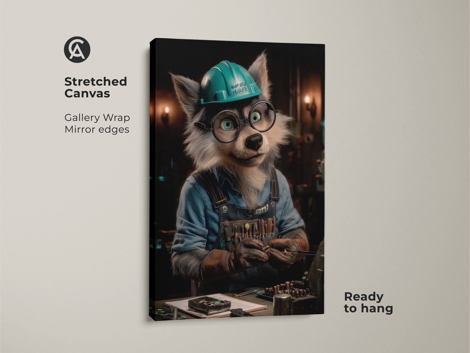 Wolf mechanic poster print rolled in a tube. The poster print showcases an animal character in a teal hard hat. It's easy to frame and adds humor to office decor. A unique gift for DIY lovers.