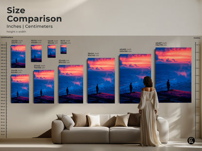 Compare sizes of this blue crimson sky art. Visualize how the samurai warrior wall art fits in your living space. From 20x30 cm to 45x67 inch find the perfect scale for this cinematic sunset landscape art.