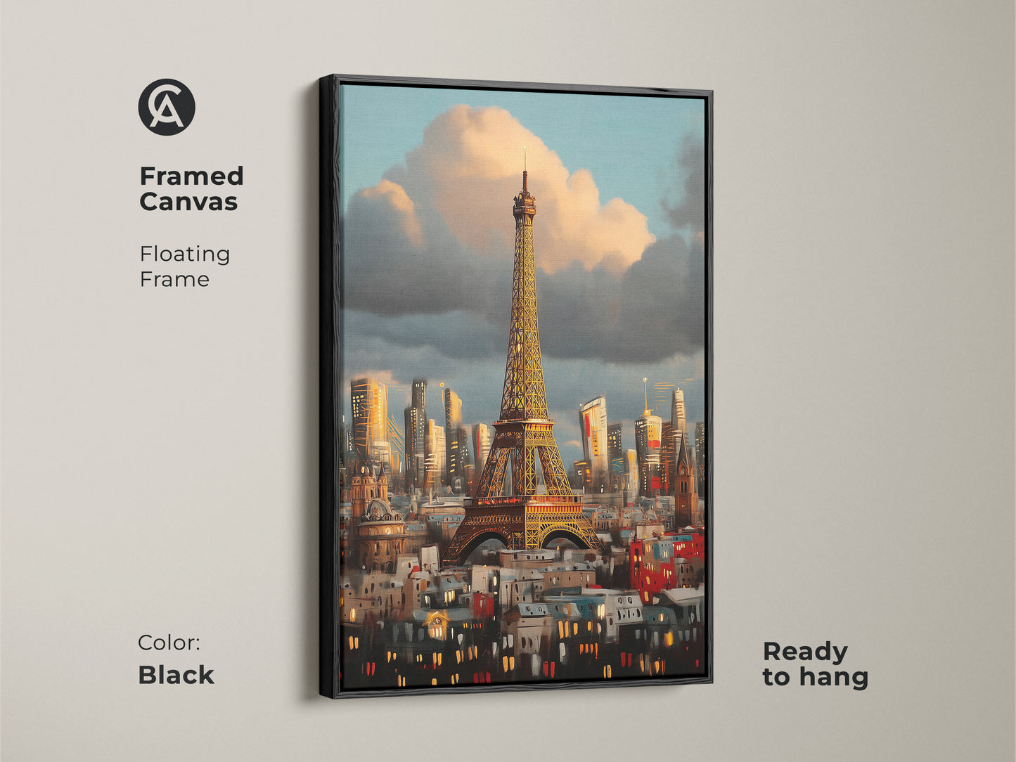Framed canvas of the Eiffel Tower artwork with a floating black frame. Ready to hang Impressionist cityscape art print. Contemporary wall decor showcasing blue orange and golden yellow colors in Paris.