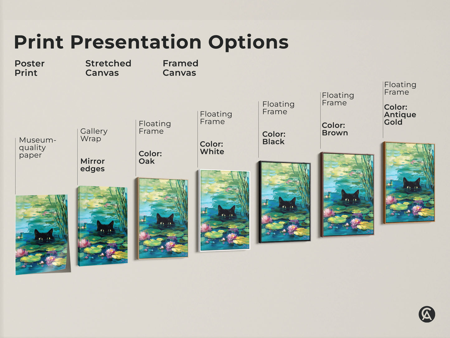Print presentation options for black cat pond art. Choose from poster print stretched canvas or framed canvas. Frame colors include white black brown and antique gold. Find the perfect museum quality art for your home.