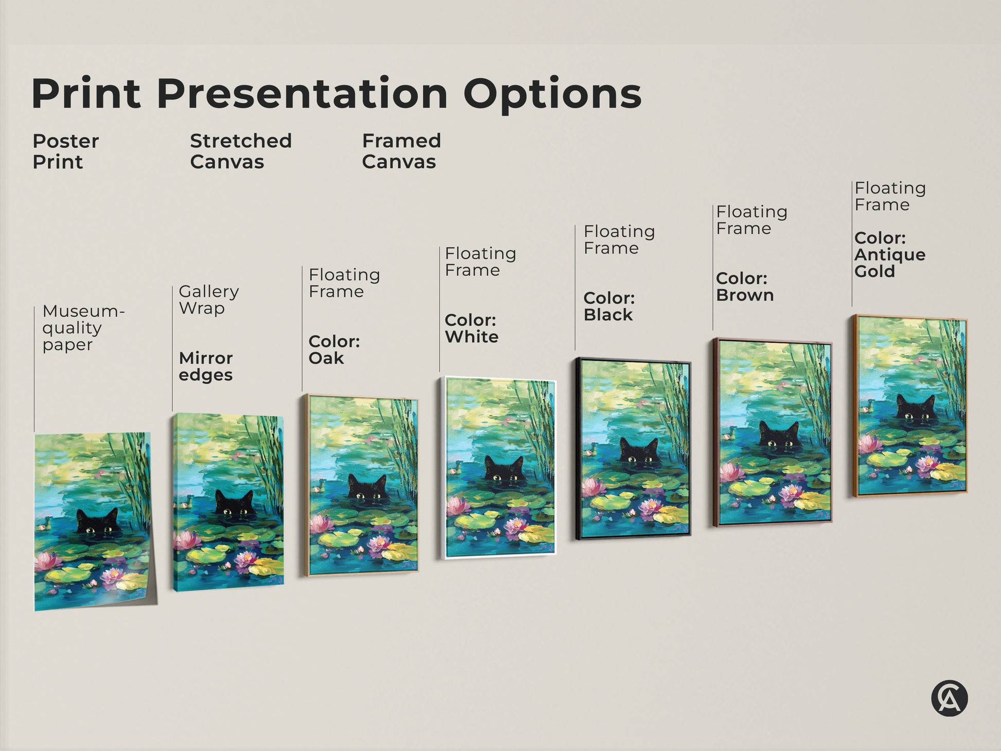 Print presentation options for black cat pond art. Choose from poster print stretched canvas or framed canvas. Frame colors include white black brown and antique gold. Find the perfect museum quality art for your home.