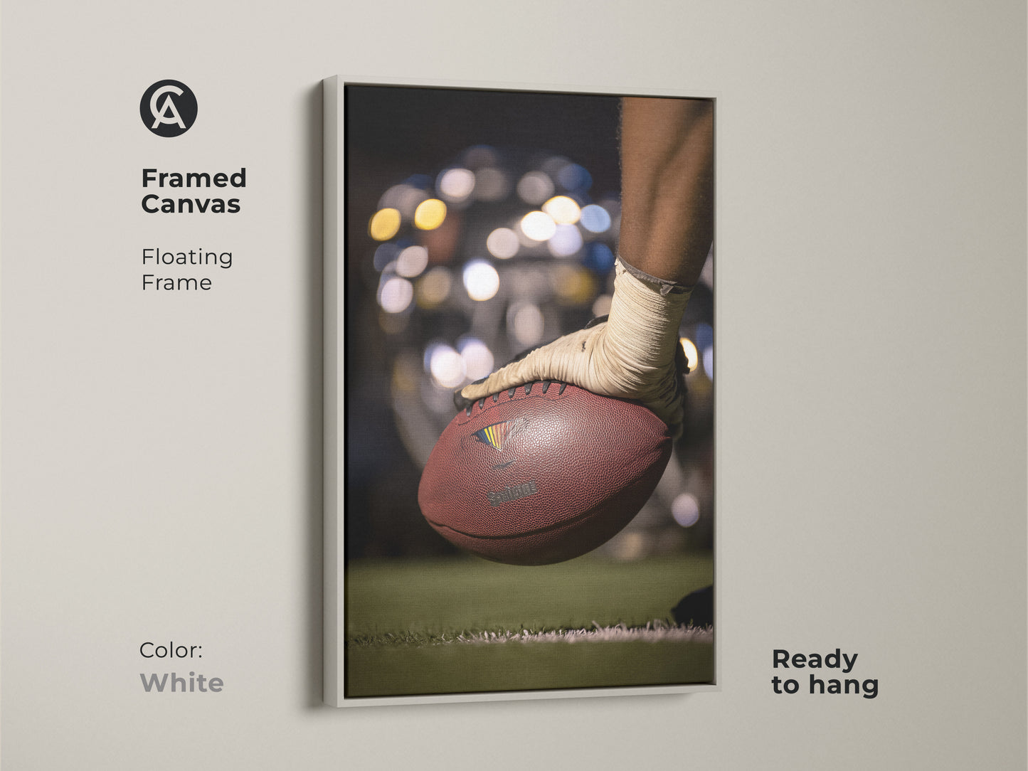 This framed canvas showcases a football action shot. The clean white frame offers a modern contrast. It highlights the artwork's dynamic composition. Ready to hang for immediate enhancement of your decor. It is perfect for sports enthusiasts and contemporary spaces.