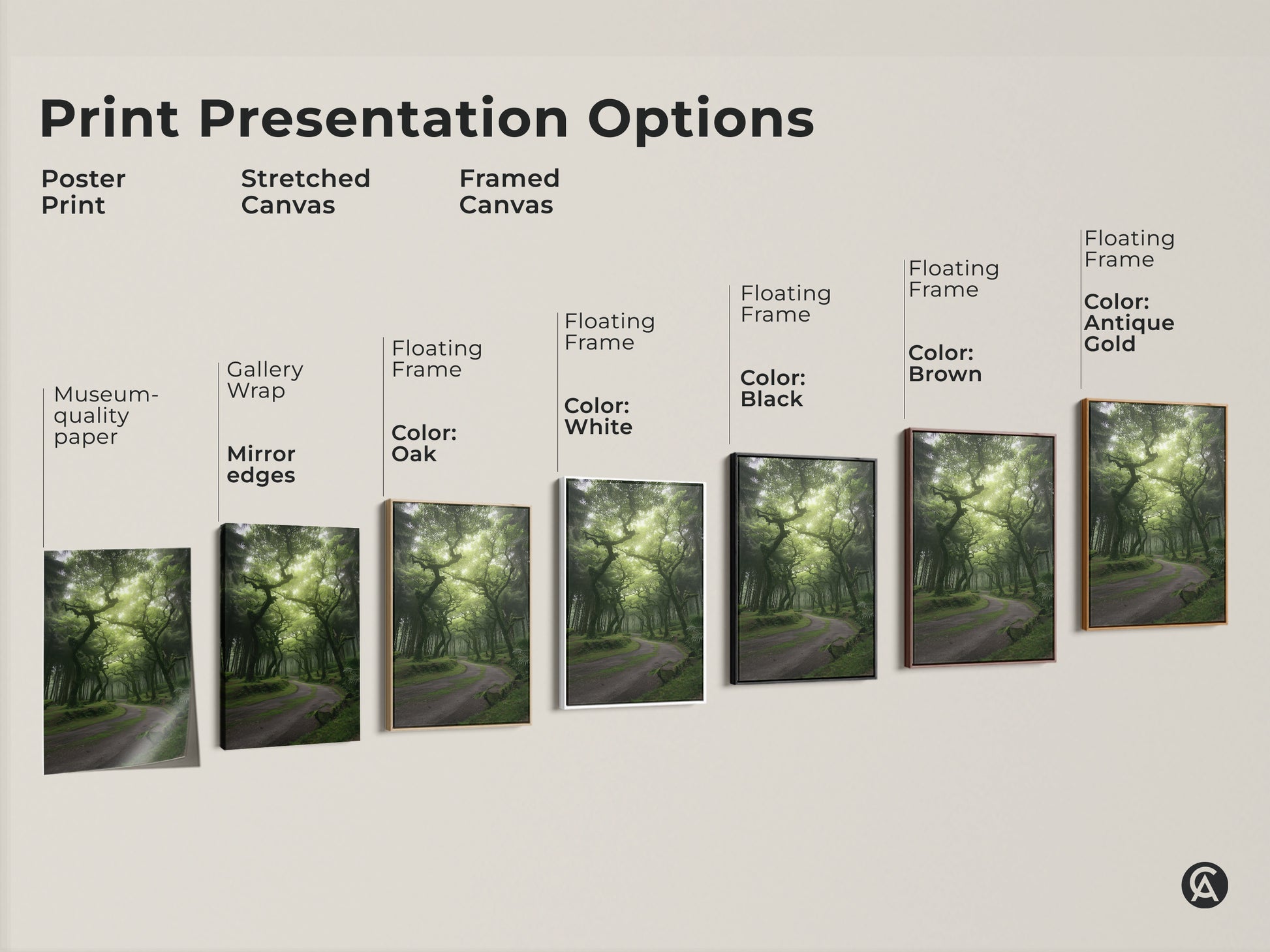 Explore print presentation options for this misty forest artwork. Choose from poster print stretched canvas or framed canvas. Each option showcases the emerald green trees and enchanted woodland path. Find the perfect format to bring serene nature to your home