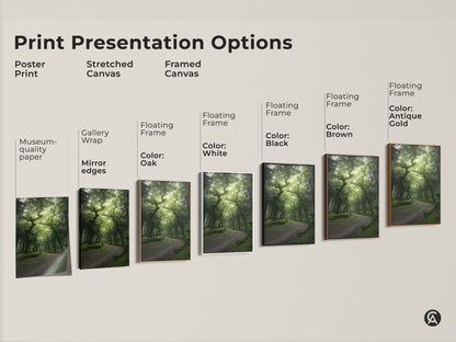 Explore print presentation options for this misty forest artwork. Choose from poster print stretched canvas or framed canvas. Each option showcases the emerald green trees and enchanted woodland path. Find the perfect format to bring serene nature to your home