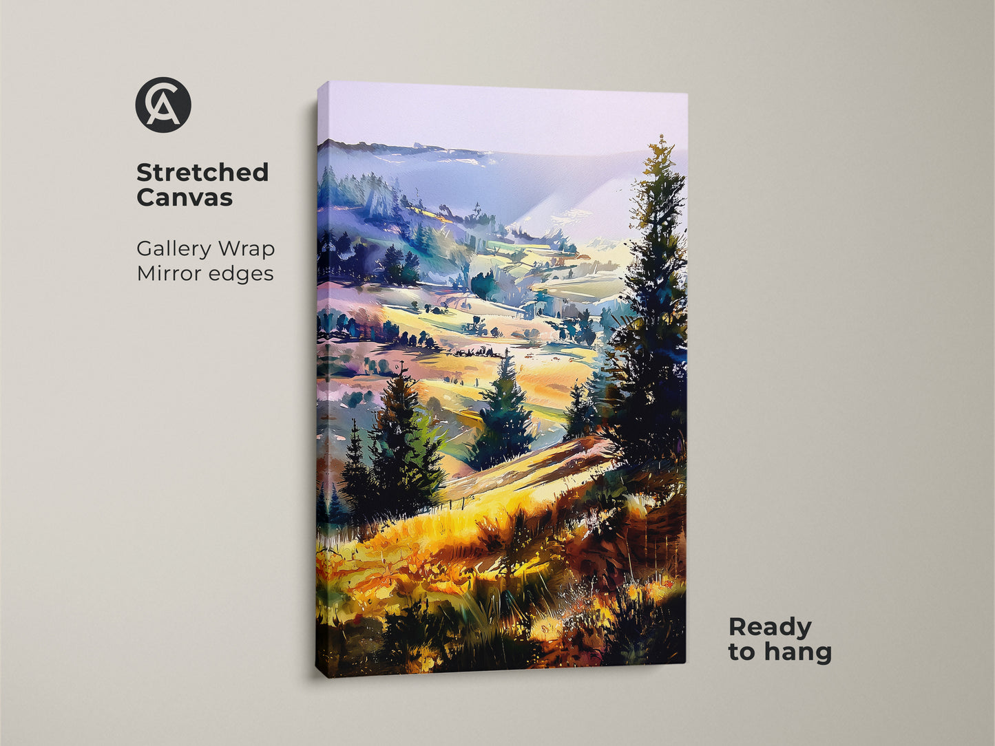 Stretched canvas print displaying boho hills wall art. The trees nature artwork is ready to hang. This yellow green purple art offers an expressive wall decor piece for nature lovers.