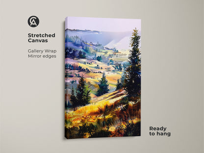 Stretched canvas print displaying boho hills wall art. The trees nature artwork is ready to hang. This yellow green purple art offers an expressive wall decor piece for nature lovers.