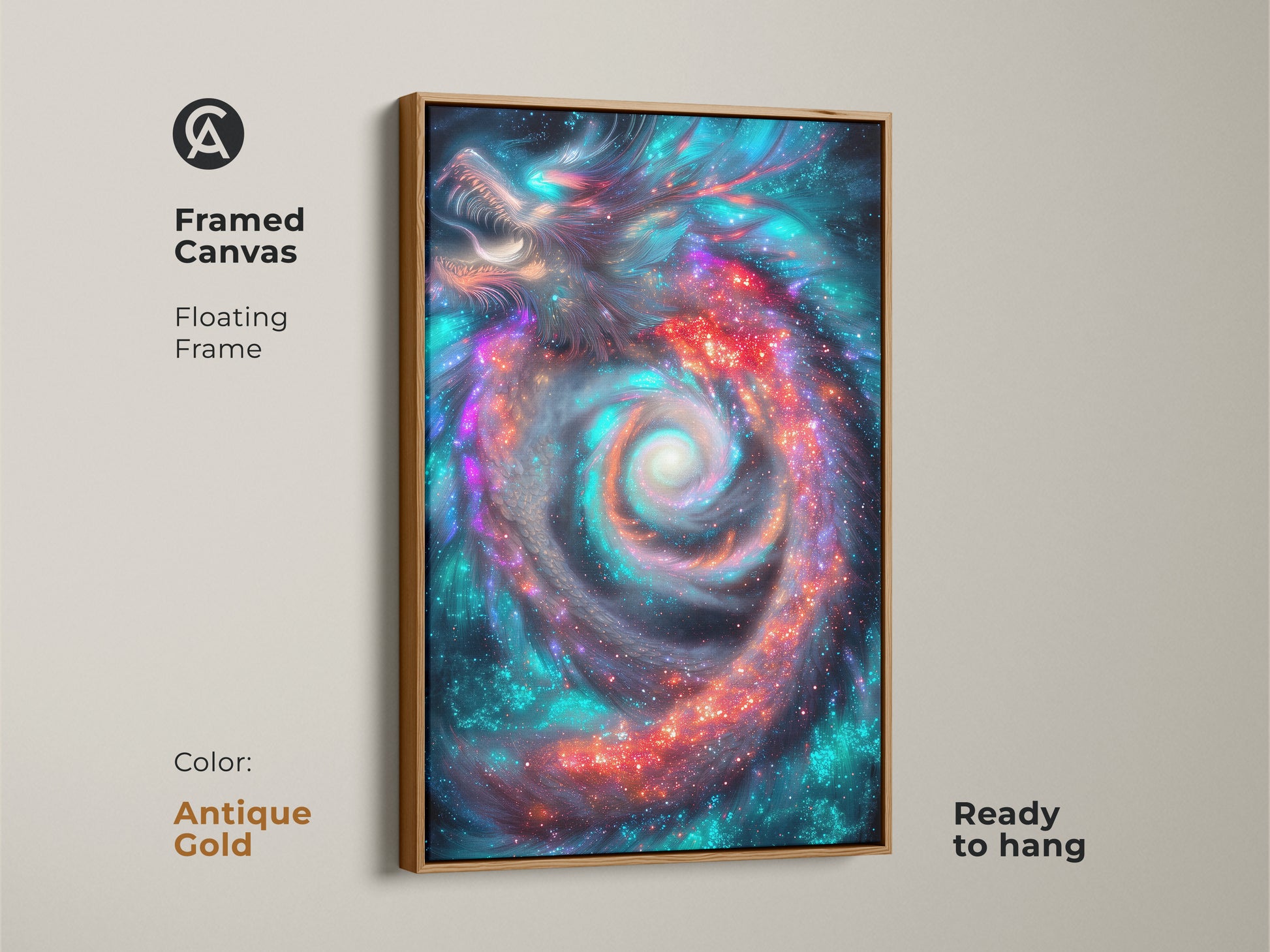 Cosmic dragon art in an antique gold floating frame. The fantasy galaxy nebula wall art creates an eclectic focal point. This sci-fi dragon decor is ready to hang. Add a mythical touch to your walls.