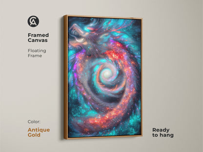 Cosmic dragon art in an antique gold floating frame. The fantasy galaxy nebula wall art creates an eclectic focal point. This sci-fi dragon decor is ready to hang. Add a mythical touch to your walls.