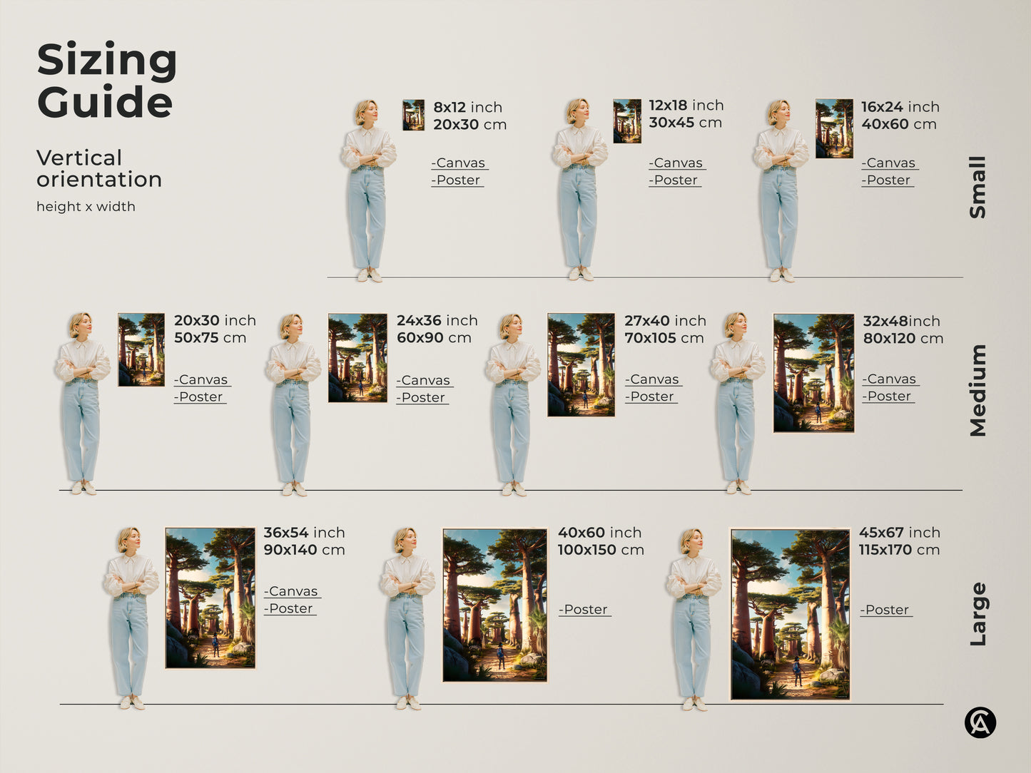 Sizing guide for vertical African Baobab Trees art prints. Visualize canvas and poster sizes from small to large. The art features a traveler in an earth tone landscape a perfect housewarming travel gift.