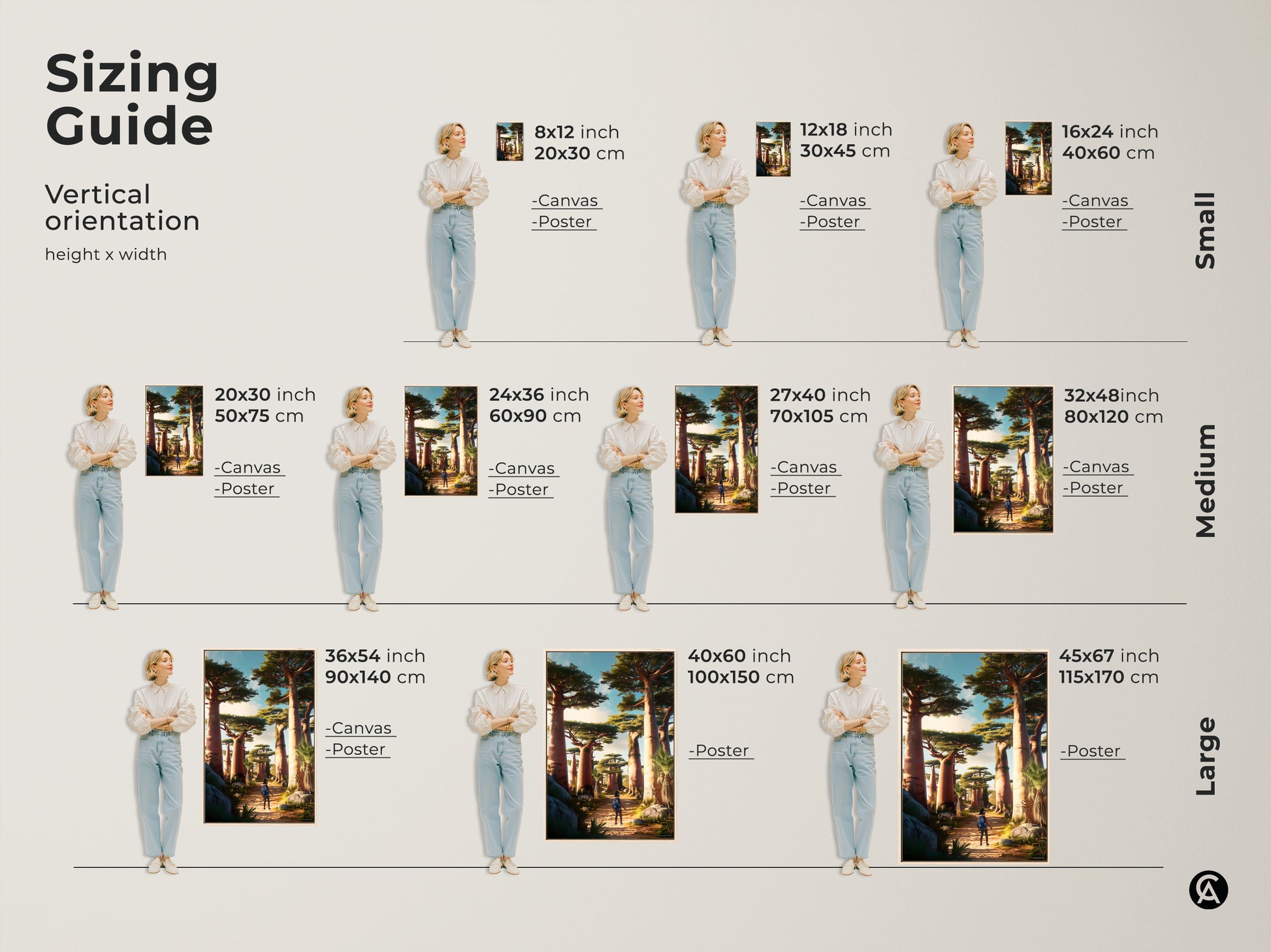 Sizing guide for vertical African Baobab Trees art prints. Visualize canvas and poster sizes from small to large. The art features a traveler in an earth tone landscape a perfect housewarming travel gift.