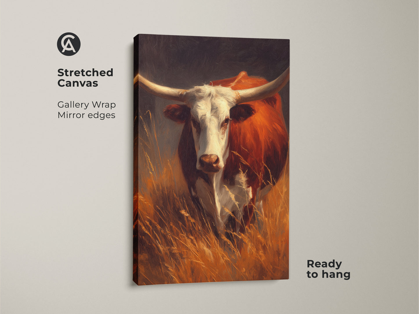 A stretched canvas print shows a longhorn bull. This gallery wrapped canvas has mirror edges. The animal art is ready to hang. Purchase this longhorn artwork for your home decor.