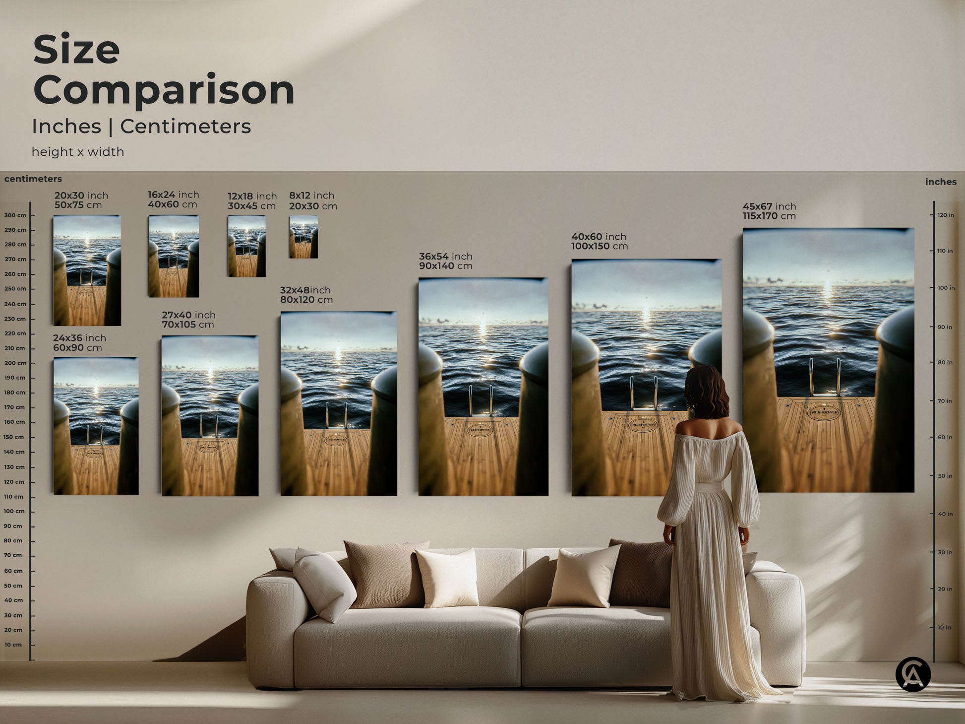 Compare sizes of our nautical wall art prints. Visualize how each size fits above your sofa. This artwork features a yacht ladder and serene ocean view. Find the perfect dimensions for your contemporary home decor.