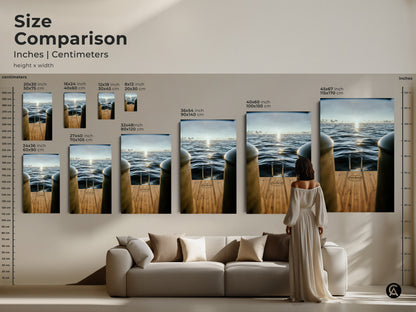 Compare sizes of our nautical wall art prints. Visualize how each size fits above your sofa. This artwork features a yacht ladder and serene ocean view. Find the perfect dimensions for your contemporary home decor.