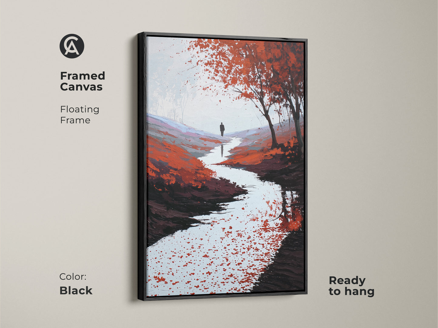 Framed canvas with a floating black frame. The artwork is a red orange river scene. A lone walker adds to the beauty. This modern nature art is ready to hang in any space.