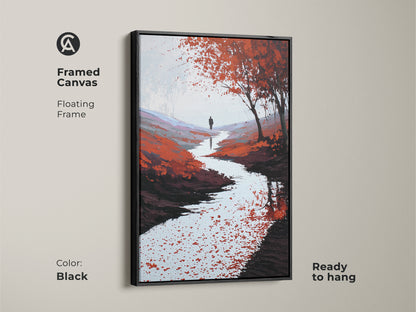 Framed canvas with a floating black frame. The artwork is a red orange river scene. A lone walker adds to the beauty. This modern nature art is ready to hang in any space.