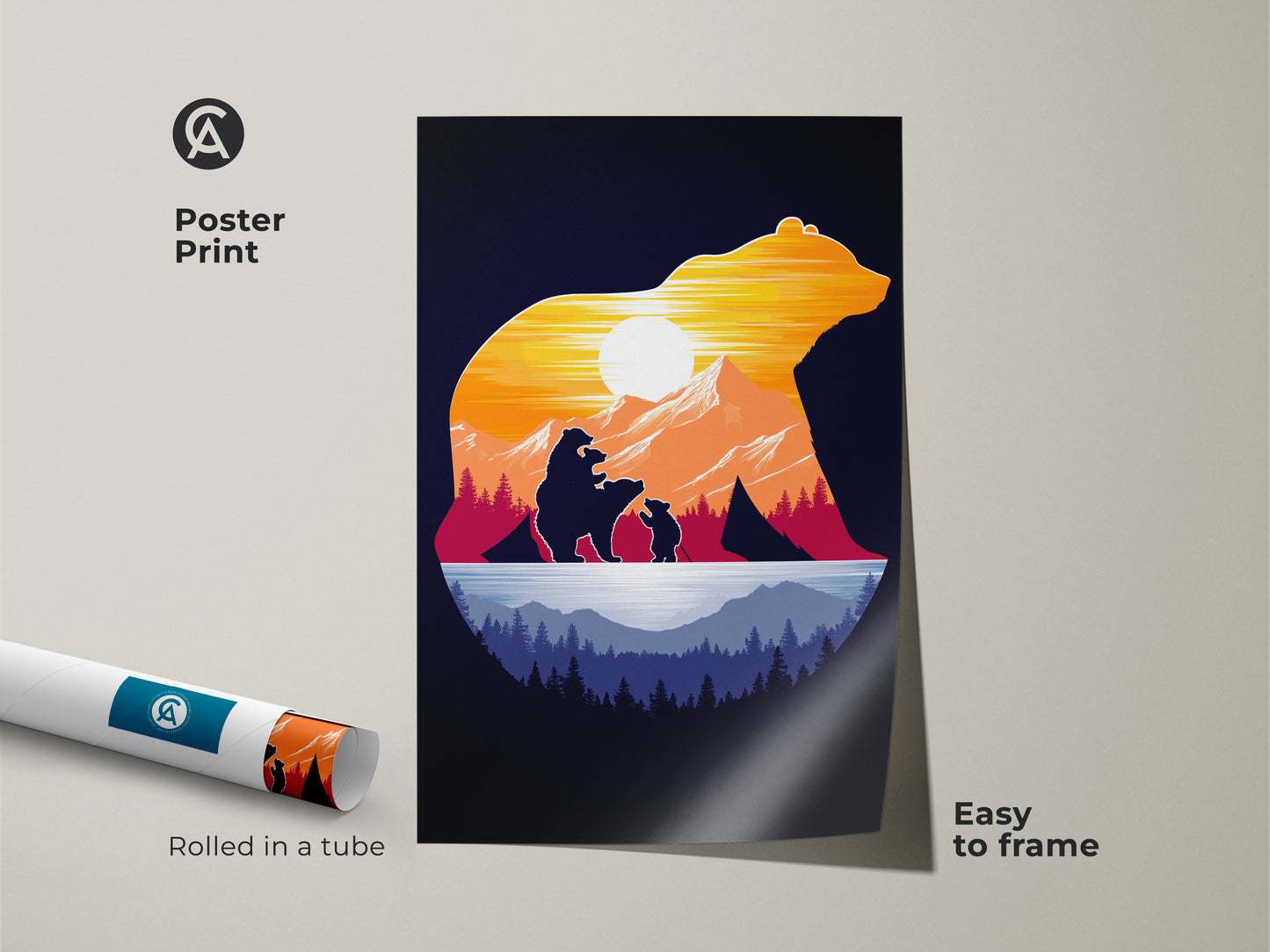 The poster print of a bear family art. It is rolled in a tube making it easy to frame. The rustic silhouette art showcases a mountain sunset scene. This print is an outdoor lover gift. Featuring orange yellow and blue retro landscape art.