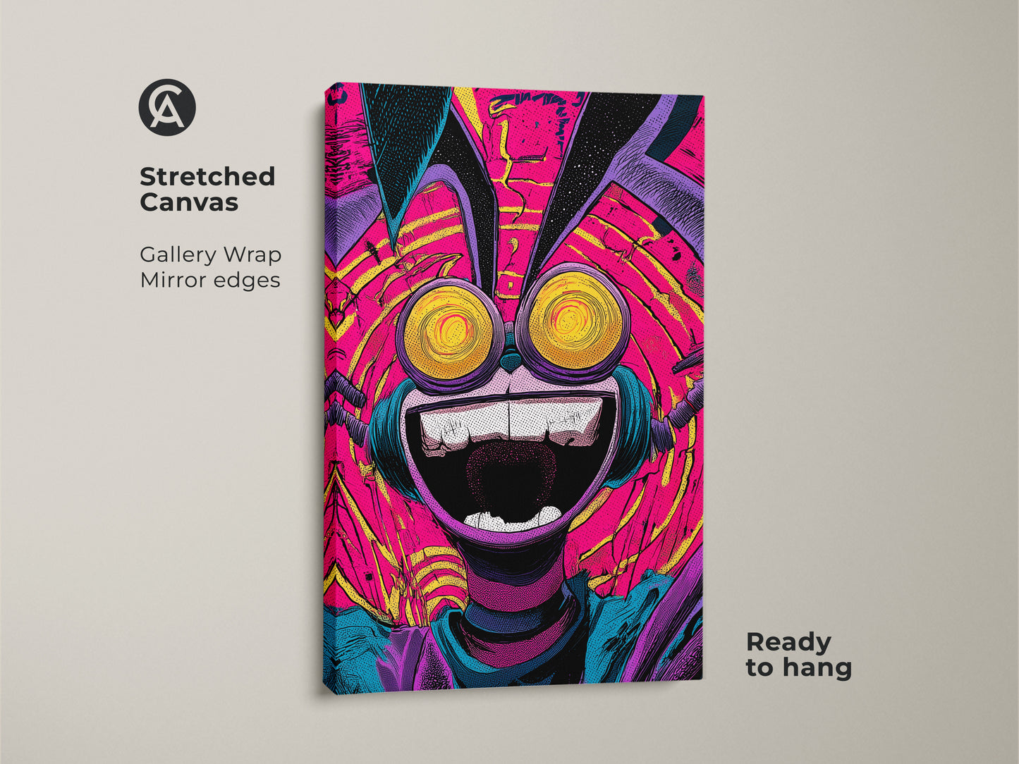 This is a stretched canvas art of a quirky character artwork. The gallery wrap showcases mirrored edges adding depth to the piece. The vivid colors and unique style make it a conversation starter. The canvas is ready to hang and admire