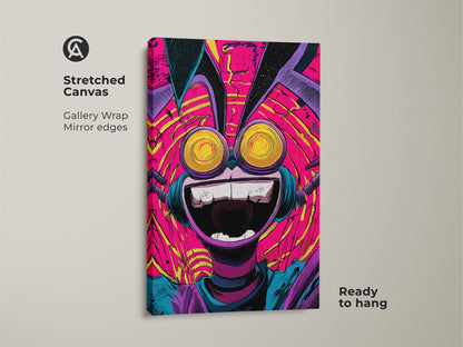 This is a stretched canvas art of a quirky character artwork. The gallery wrap showcases mirrored edges adding depth to the piece. The vivid colors and unique style make it a conversation starter. The canvas is ready to hang and admire