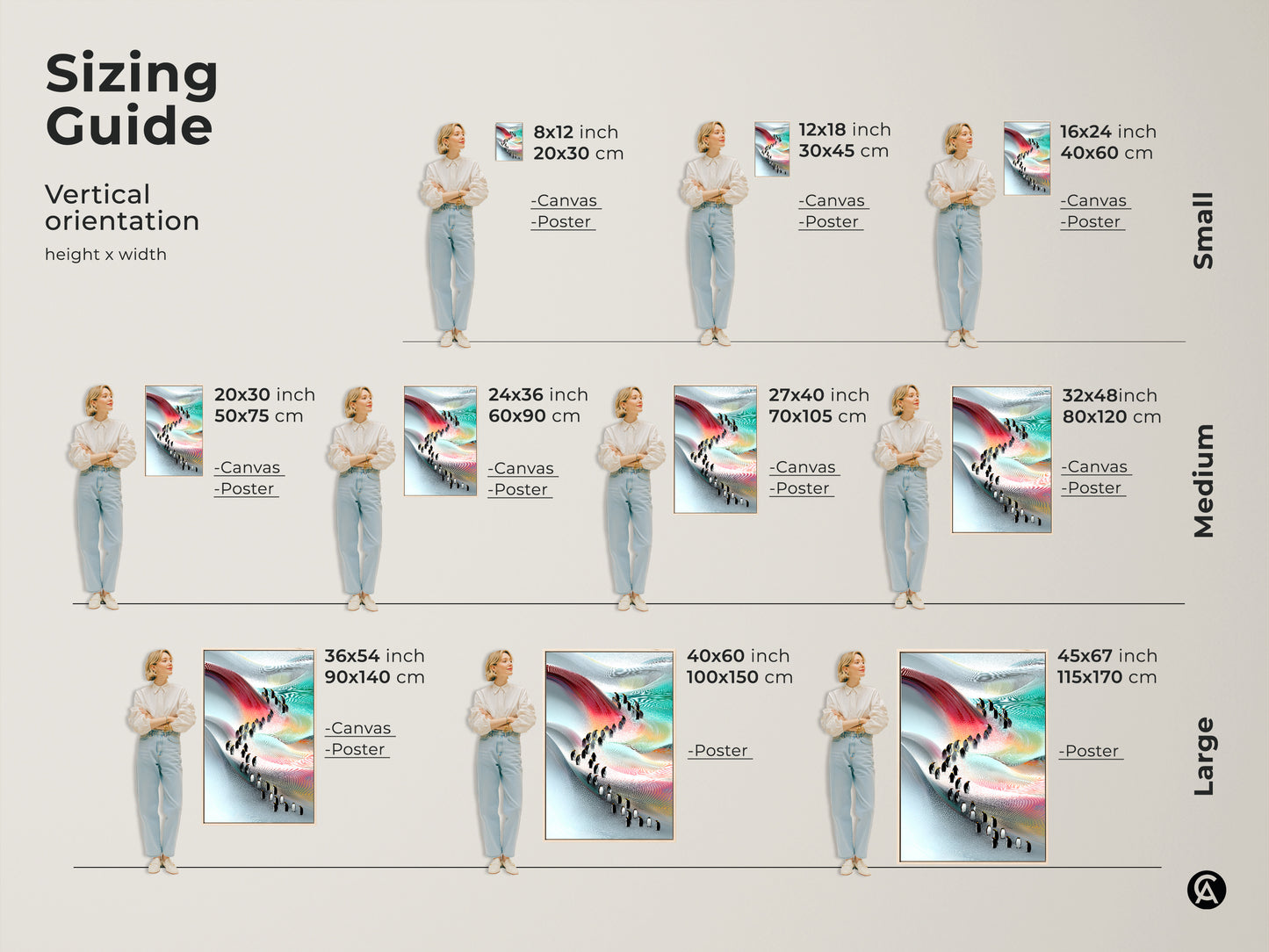 Sizing guide for vertical abstract penguin art canvases and posters. Options range from small 8x12 to large 45x67 inch prints. Visualize how each size complements your space ensuring a perfect fit and impactful display for your nature inspired home decor.