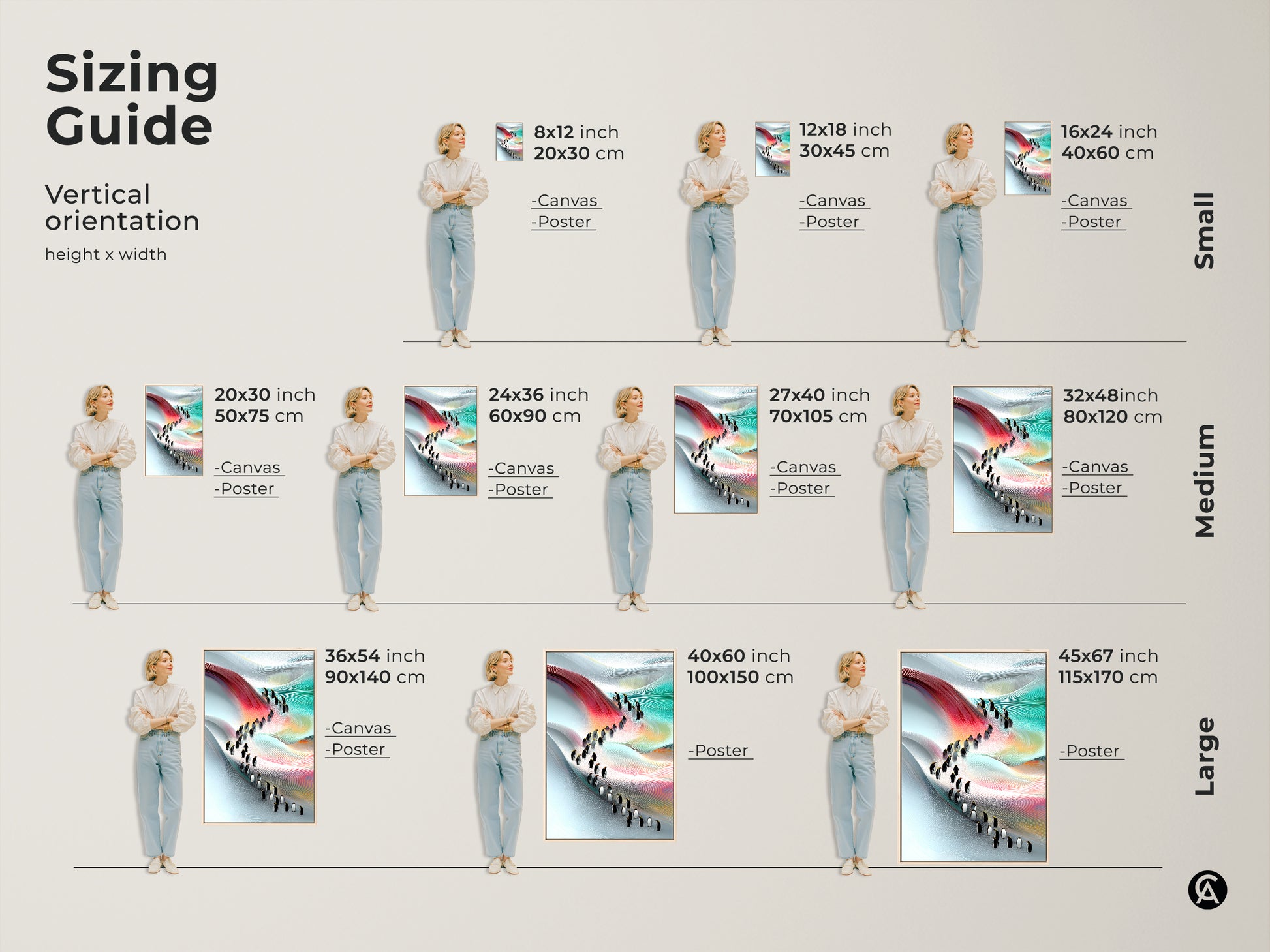 Sizing guide for vertical abstract penguin art canvases and posters. Options range from small 8x12 to large 45x67 inch prints. Visualize how each size complements your space ensuring a perfect fit and impactful display for your nature inspired home decor.