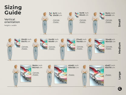 Sizing guide for vertical abstract penguin art canvases and posters. Options range from small 8x12 to large 45x67 inch prints. Visualize how each size complements your space ensuring a perfect fit and impactful display for your nature inspired home decor.