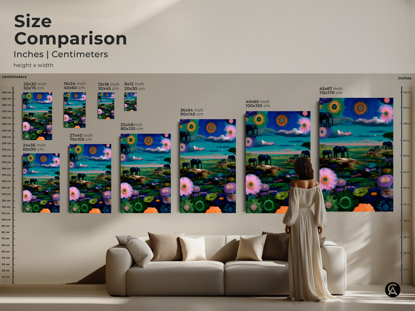 Size comparison of surreal elephant art. Inches and centimeters measurements are shown. Visualize the 8x12 to 45x67 inch canvas. Ideal as living room animal print art.