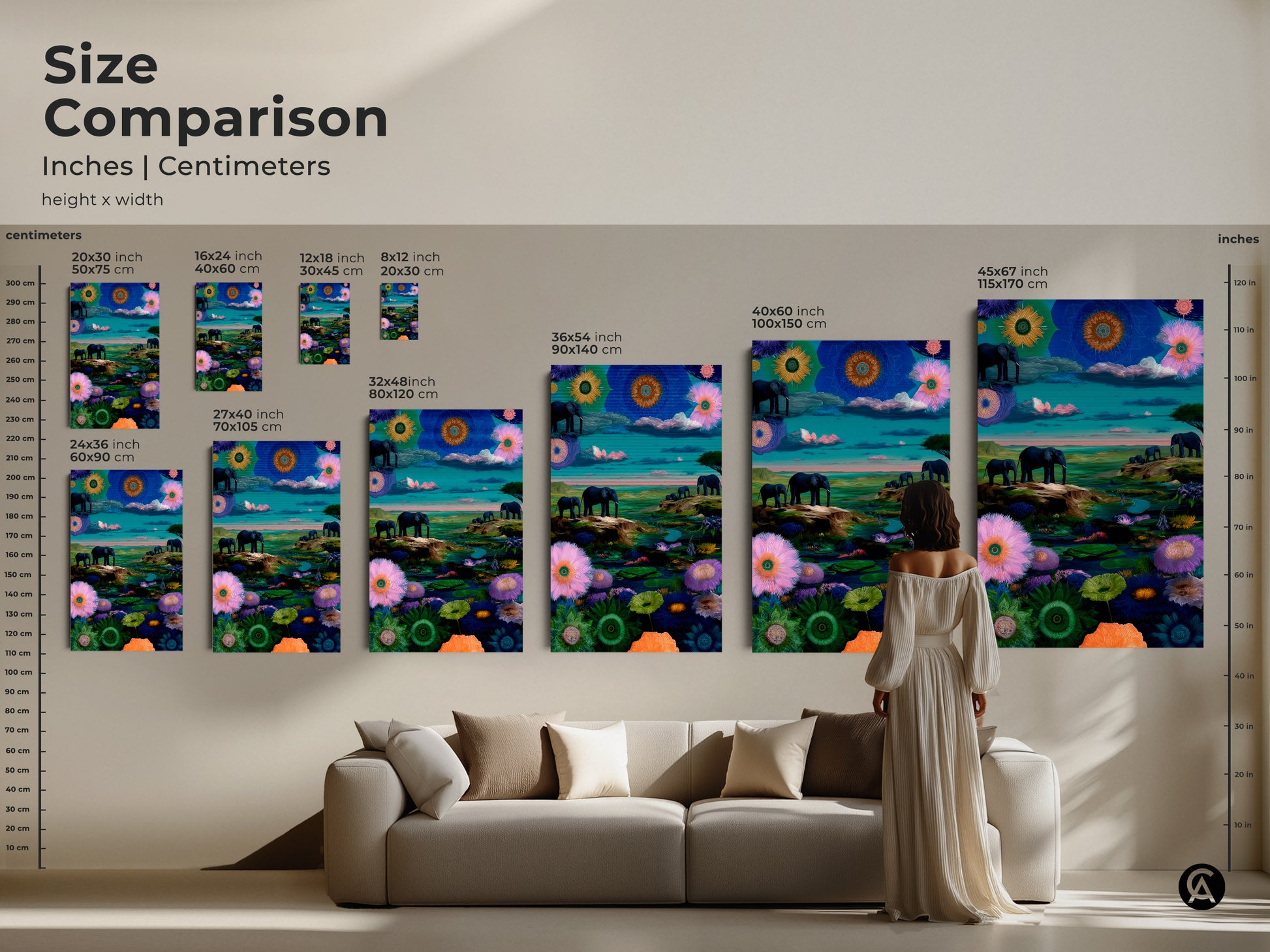 Size comparison of surreal elephant art. Inches and centimeters measurements are shown. Visualize the 8x12 to 45x67 inch canvas. Ideal as living room animal print art.