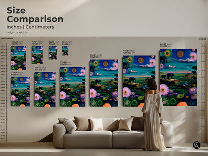 Size comparison of surreal elephant art. Inches and centimeters measurements are shown. Visualize the 8x12 to 45x67 inch canvas. Ideal as living room animal print art.