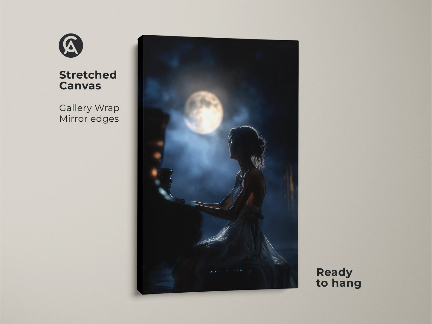 Enhance your space with this stretched canvas of a woman playing piano under the moon. The gallery wrap with mirrored edges adds depth. It's ready to hang and showcases romantic music art. This dreamy bedroom decor piece is perfect for music lovers seeking navy blue wall art. It is an elegant night sky art.