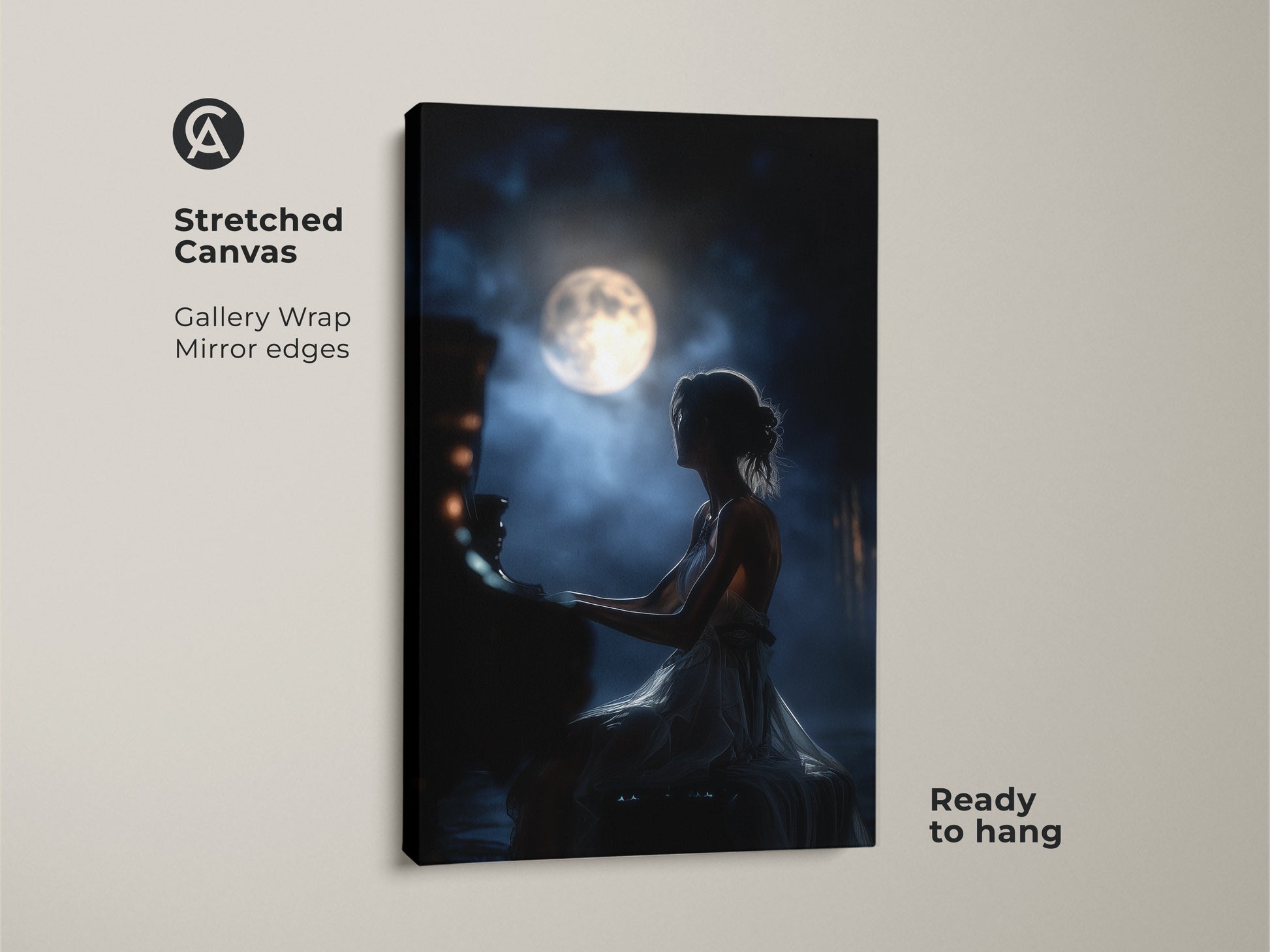 Enhance your space with this stretched canvas of a woman playing piano under the moon. The gallery wrap with mirrored edges adds depth. It's ready to hang and showcases romantic music art. This dreamy bedroom decor piece is perfect for music lovers seeking navy blue wall art. It is an elegant night sky art.