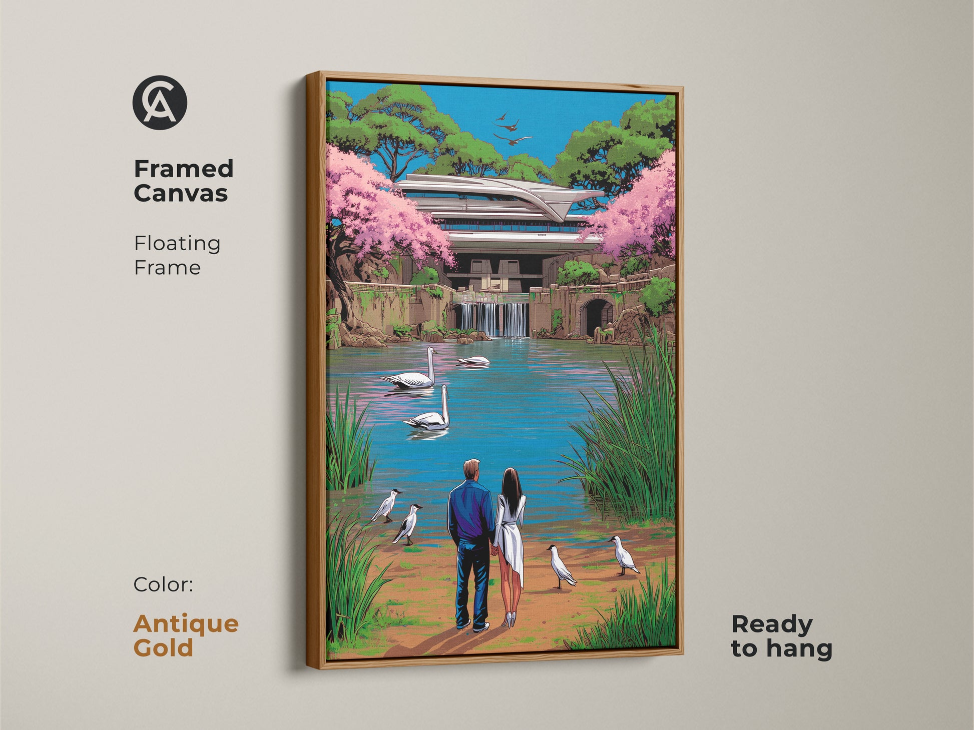 This antique gold framed canvas features a couple viewing swans on a scenic lake. The art combines surrealism with pop art aesthetics in blue green and pink. Perfect as an anniversary gift this piece adds eclectic charm. It's ready to hang.