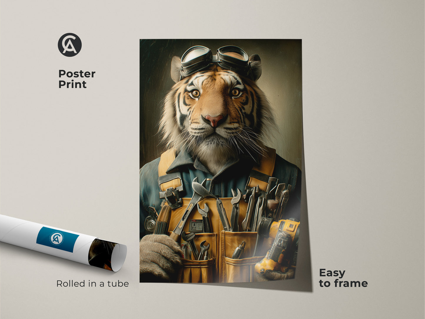 Get this tiger mechanic poster print easily framed for a unique wall decor. The rolled in a tube poster allows for easy setup. This anthropomorphic animal art adds a bold touch to any office space. Showcasing a painterly style and warm tones it makes a great gift for tool lovers.