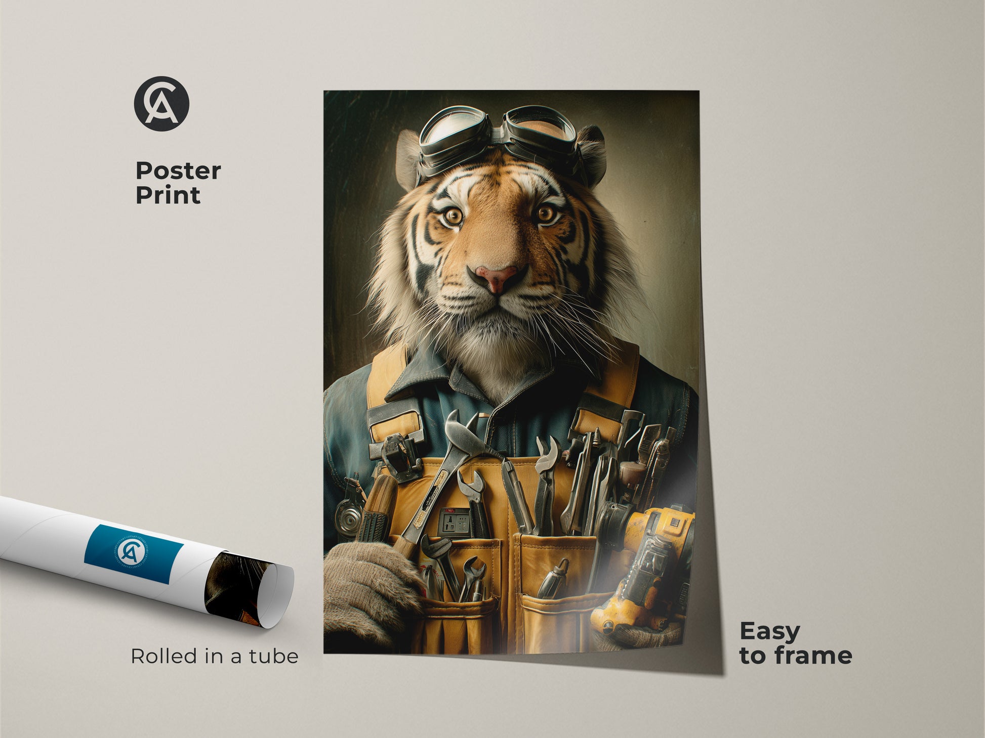 Get this tiger mechanic poster print easily framed for a unique wall decor. The rolled in a tube poster allows for easy setup. This anthropomorphic animal art adds a bold touch to any office space. Showcasing a painterly style and warm tones it makes a great gift for tool lovers.