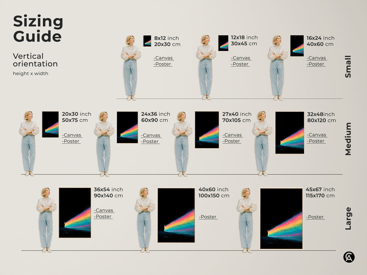 Find the perfect size for your abstract rainbow art print. Our sizing guide helps you visualize the artwork in different dimensions. See how the surreal person walking canvas looks in small medium and large formats. Enhance your space with this dreamlike fantasy wall art.