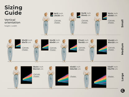 Find the perfect size for your abstract rainbow art print. Our sizing guide helps you visualize the artwork in different dimensions. See how the surreal person walking canvas looks in small medium and large formats. Enhance your space with this dreamlike fantasy wall art.