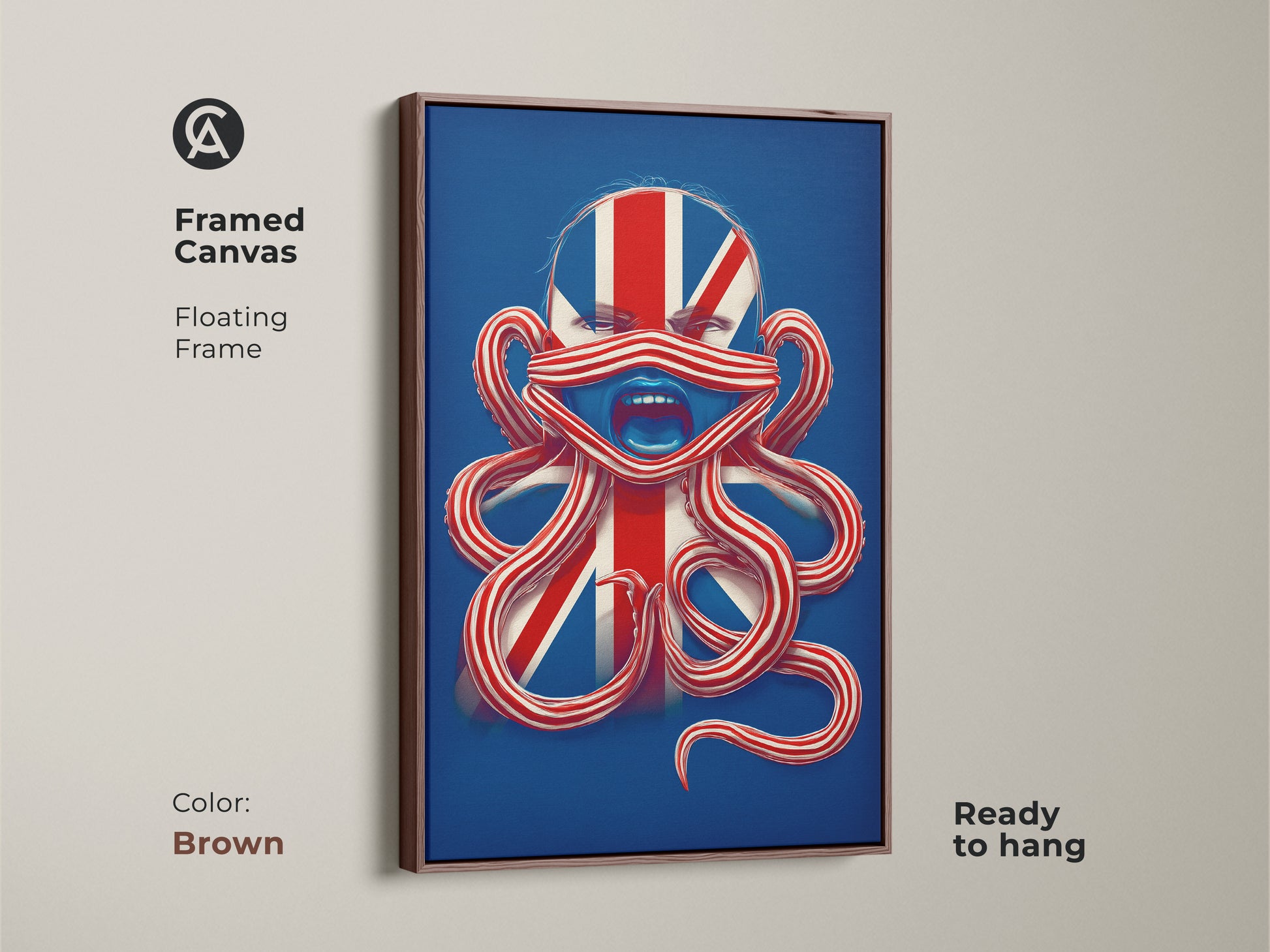 Framed canvas displaying British Patriotism Octopus Face Wall Art. The brown floating frame makes it ready to hang. This surreal Union Jack octopus print is great eclectic artwork.