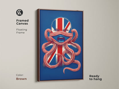 Framed canvas displaying British Patriotism Octopus Face Wall Art. The brown floating frame makes it ready to hang. This surreal Union Jack octopus print is great eclectic artwork.