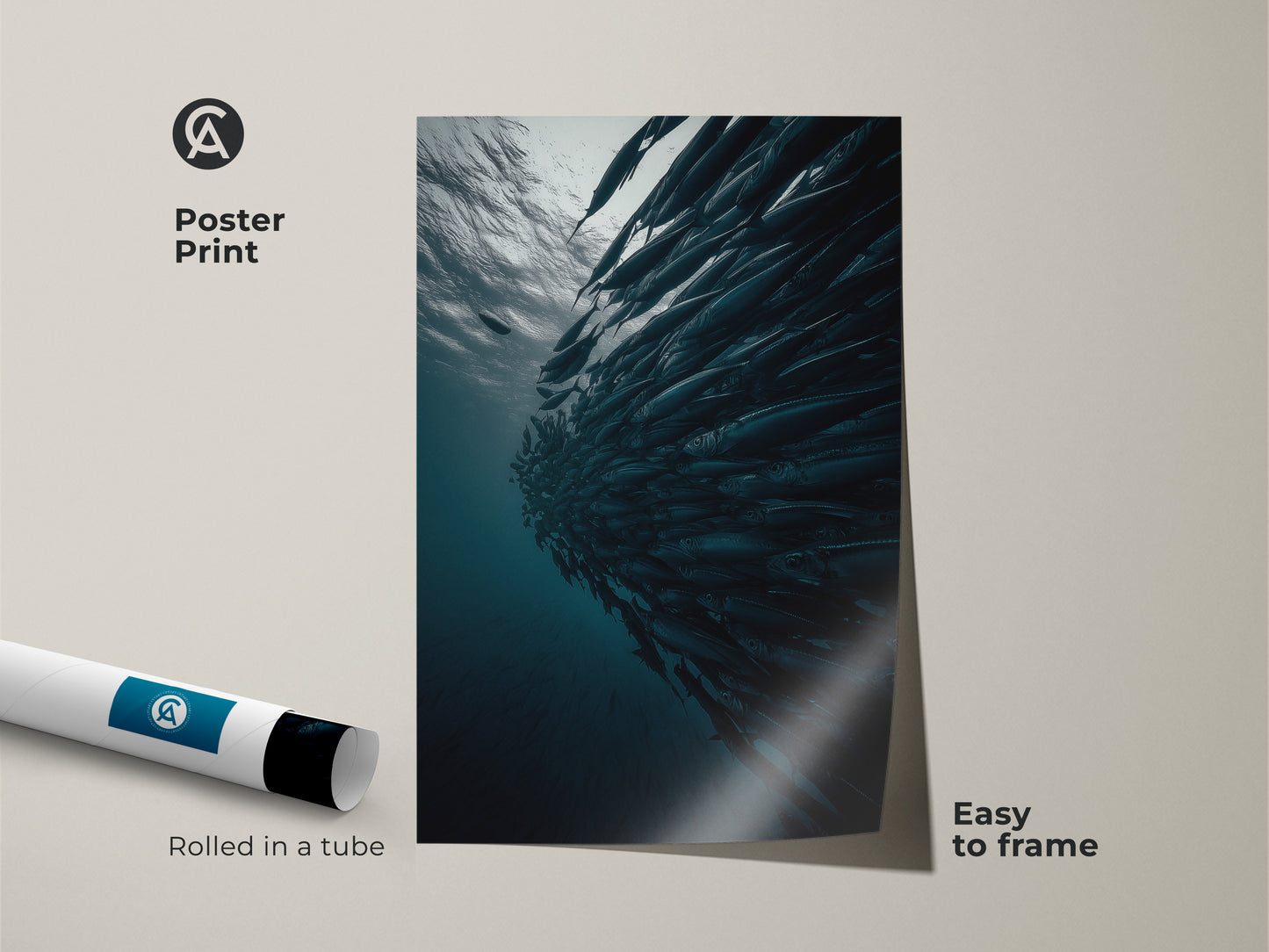 Poster print of a school of fish in an underwater scene. This deep blue gray teal wall art is easy to frame. Contemporary fish artwork rolled in a tube. This oceanic photography art is a unique housewarming present art for aquatic animal canvas lovers.