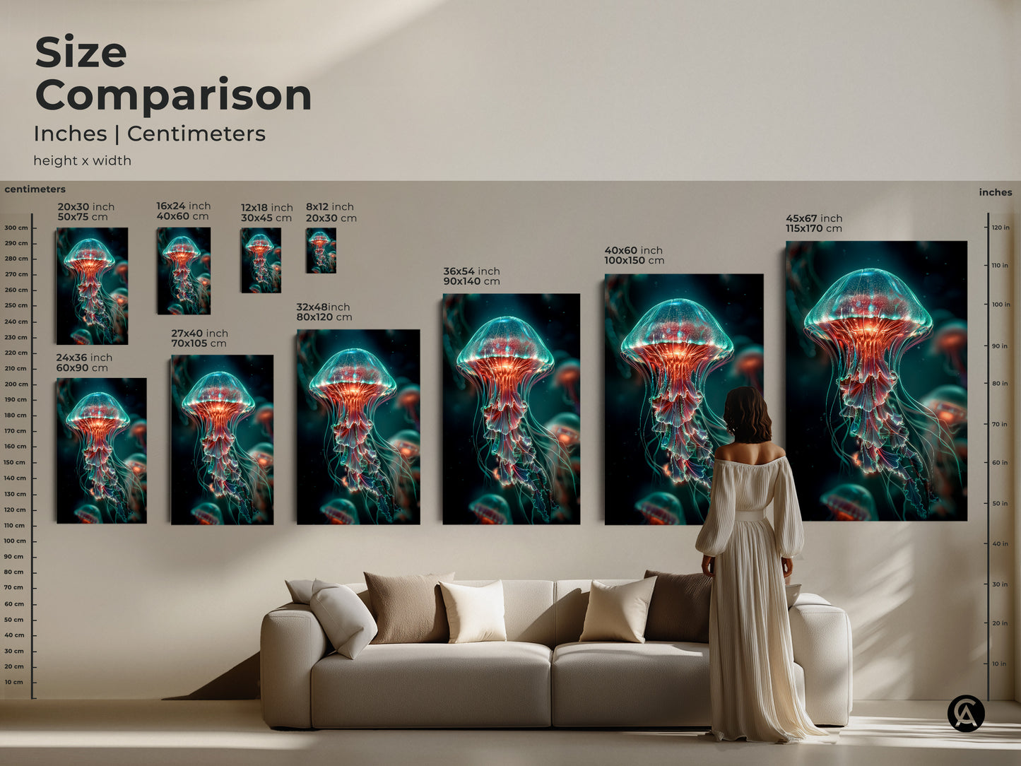Size comparison of jellyfish artwork. Various sizes are displayed in inches and centimeters. See how the artwork looks in different dimensions. Get inspired and transform your living space. Find the perfect size to complement your decor.