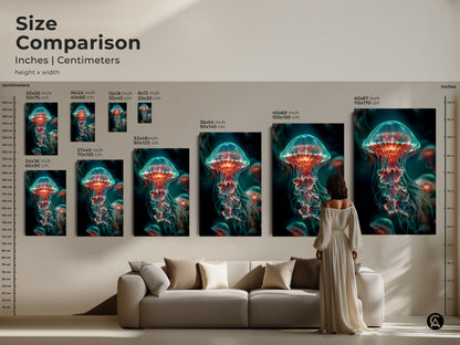 Size comparison of jellyfish artwork. Various sizes are displayed in inches and centimeters. See how the artwork looks in different dimensions. Get inspired and transform your living space. Find the perfect size to complement your decor.