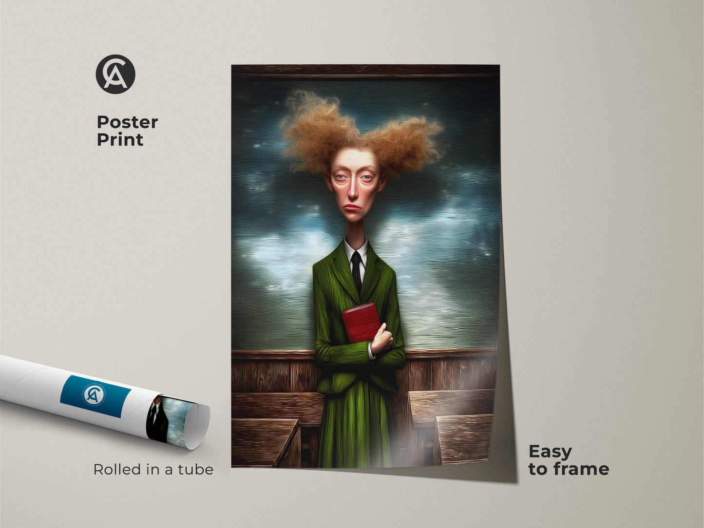 A poster print displays a surreal woman in a green suit art print. She is holding a red book. The quirky figurative wall art is easy to frame. It adds an eclectic touch to study decor. This literary themed art print is rolled in a tube. It's a unique gift for readers. The artistic portrait enhances any wall.