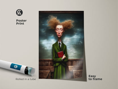 A poster print displays a surreal woman in a green suit art print. She is holding a red book. The quirky figurative wall art is easy to frame. It adds an eclectic touch to study decor. This literary themed art print is rolled in a tube. It's a unique gift for readers. The artistic portrait enhances any wall.