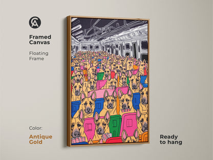 This framed canvas features cartoon dogs in a lively pop art subway scene. The artwork is encased in an antique gold floating frame and ready to hang. This piece brings an eclectic and humorous touch to any room. Perfect for dog lovers.
