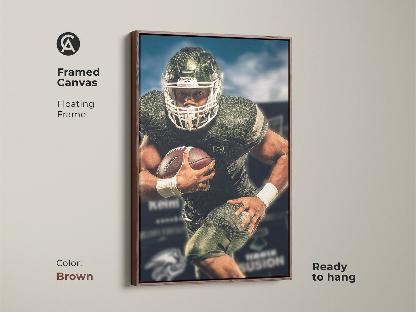 Framed canvas featuring American football player wall art. The brown floating frame complements the sports action art. Ideal for office man cave art. A modern athlete canvas print for any sports enthusiast.