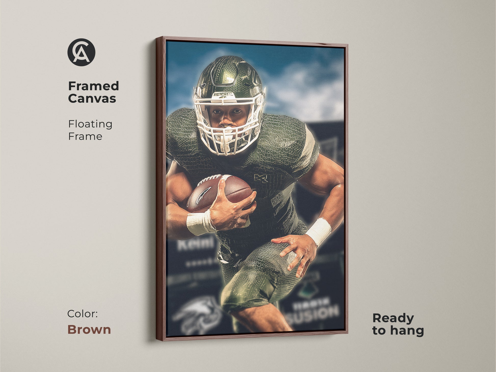 Framed canvas featuring American football player wall art. The brown floating frame complements the sports action art. Ideal for office man cave art. A modern athlete canvas print for any sports enthusiast.