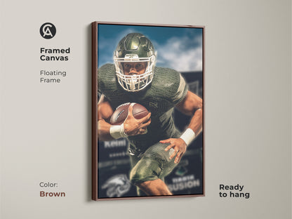 Framed canvas featuring American football player wall art. The brown floating frame complements the sports action art. Ideal for office man cave art. A modern athlete canvas print for any sports enthusiast.